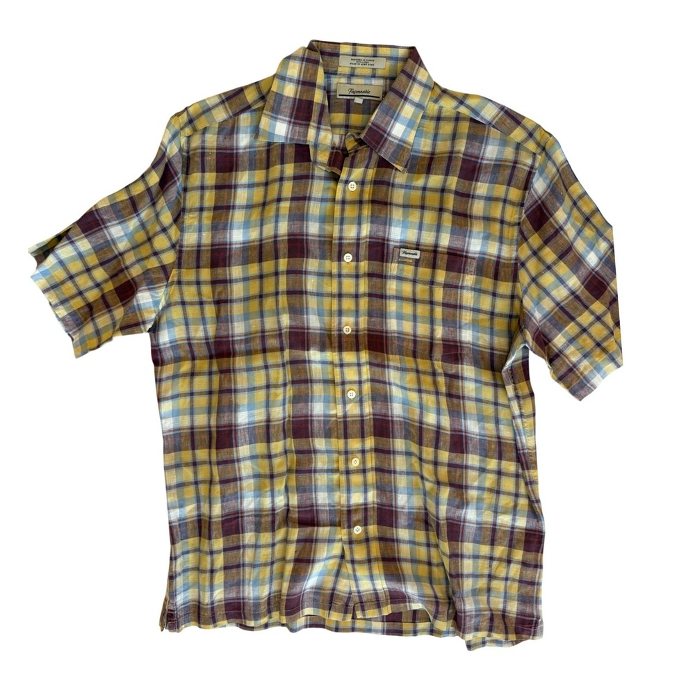 Vintage Faconnable Mens Plaid Linen Button Up Shirt L Yellow Plaid Short Sleeve